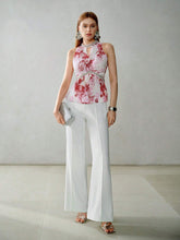 MOTF PREMIUM FLORAL PRINT KEYHOLE NECK FAUX PEARL AND RHINESTONE DETAIL PLEATED BLOUSE